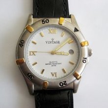 Mens Two Tone Day/date White Dial Analog Quartz Water Resistant Watch