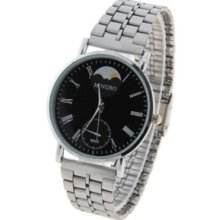 Men's Watch with Roman Numeral Hour Marks Black Quartz Dial Steel Band