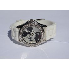 Mickey Mouse Watch By Disney With Magnified Dome Glass, White Rubber Band