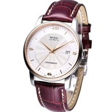 Mido Baroncelli Automatic Cosc Leather Strap Watch White 18k Gold M0104084603710