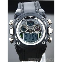 Military Dual Time Lcd Digital Diver Alarm Date Day Men Rubber Sport Watch Black