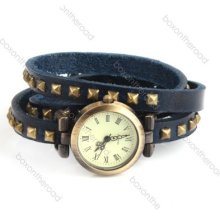 Mosaic Rivets Fashioable Stylish Roman Long Leather Strap Quartz Woman Watch