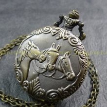 N36 Collectible Brass Tone 4.5cm Horses Pattern Quartz Pocket Watch Necklace