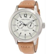 Nautica Men's South Coast Stainless Steel Case White Dial Leather Strap