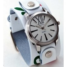 Nemesis Flb065s Women's Exclusive Roman White Floral Leather Cuff Band Watch