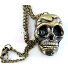 New Arriv Quartz Antique Bronze Skull Pocket Watch Necklace Christma