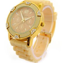 NEW Beige/Gold Geneva Silicone Rubber Chronograph Designer Watch with Crystals