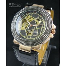 New Deluxe Auto Mechanical Mens Black Leather Watch Nr Cool Style