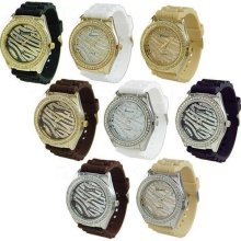 NEW GENEVA Zebra Silicone Rhinestone Watch - With Gold or Silver plated Bezel