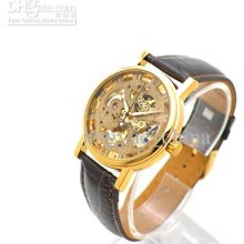 New Luxury Men Gold Fashion Watches, Leather Belts, Transparent Mech