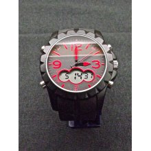 New Men's Geneva Chronograph Watch Oversize Black & Red Dial Analog &