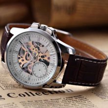 Newest Silver Case Skeleton Automatic Mechanical Brown Leather Sport Watch Usts