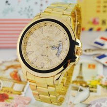 Night Light Luxury Full Golden Date/week Mens Watch Stainless/s Quartz Gfit