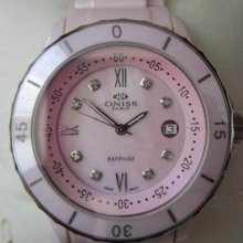 Oniss Lady's Watch Quartz All Pink Ceramic Diamond Sapphire Mop Dial Original