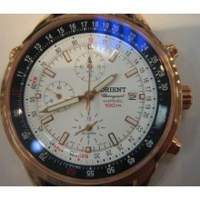 Orient Japan Men's Watch Alarm Chrono Stainless Rose Gold Sapphire Leather