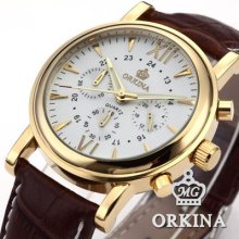 Orkina Luxury Gold Case White Dial 24 Hours Display Analog Quartz Sport Watch