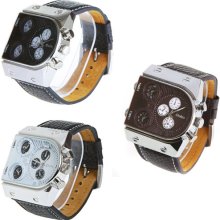 Oulm Mens Sports Quartz Dial Leather Wrist Watch Multi-Time Zones 3 Times