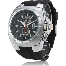 PC Movement Silver Case Black Dial Black Silicone Band Wrist Watch