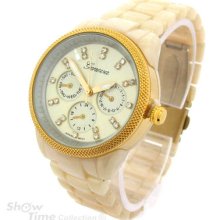 Pearl Gold Mesh Bezel 3d Geneva Women's Bracelet Watch