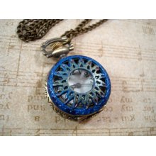 Petite Peacock Pocket Watch Necklace - Enamel Patina Shabby Chic