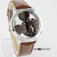 Pop Transparent Mouse Dial Hot Gift Teens Kids Brown Leather Quartz Wrist Watch