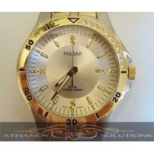 Pulsar Two-tone Watch With Genuine Crystal, Mens Watch-luminous Hands, Gold Tone