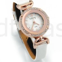 Quartz Movement Round Dial Wrist Watch Wristwatch White Leather Wristband Women