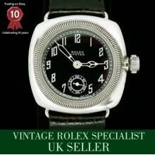 Rare Mint Black Dial 1929 Vintage Silver Art Deco Cushion Rolex Uk Seller