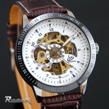 Rare Tachymeter Skeleton Automatic Mechanical Gentlemen Lady Brown Leather Watch