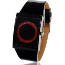 Red Dial Leather Quartz Watch - Black