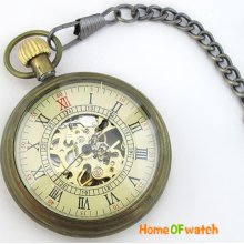 Retro Bronzed Skeleton Hand Wind Mechanical Analog Pocket Watch Gift