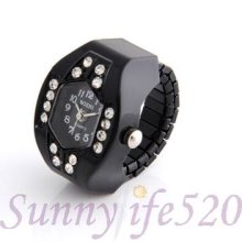 Retro Hexagon Stainless Steel Band Rhinestone Men Women Quartz Finger Ring Watch