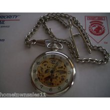 Retro Skeleton Silver Tone Mechanical Pocket Watch,hardlex Crystal,pocket Chain