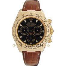 Rolex 40mm Brown Leather Strap 18K Yellow Gold Daytona Model 116518 Black Face Manufactured in 2012