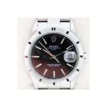 Rolex Date 15210 Engine Turned Bezel Black Dial Watch