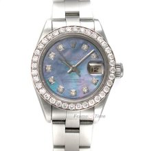 Rolex Ladies Datejust Diamond Ss Steel Blue Mother Of Pearl Oyster Date Watch