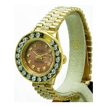 Rolex Ladies President Yellow Gold Certified Pre-Owned Salmon Diamond Dial/1.5ct Happy Set Diamond Bezel/2.00ct Diamond Bracelet