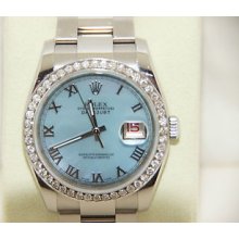 Rolex Oyster Perpetual Datejust 116200 Diamond Ss Roman Dial Baby Blue