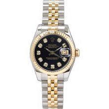 Rolex Women's Datejust Two Tone Fluted Custom Black Diamond Dial