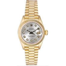 Rolex Women's President Yellow Gold Fluted Custom Silver Diamond Dial