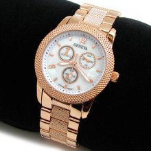 Rose/gold 3d Geneva Metal Bracelet Mesh Bezel Women's Watch