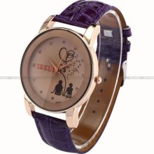 Rose Gold Case Crystal Gril Purple Leather Quartz Wrist Watch Usts