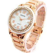 Rose/gold Geneva White Ring Crystal Bezel Women's Bracelet Watch