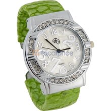 Round Crystal Watch Dial Textured Blocky Leatherette Cover Watchband Women's Bracelet Watch (Green)