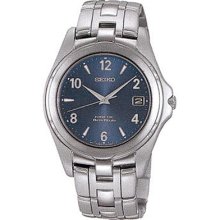 Seiko $395 Men's Kinetic Silver-tone Ss Watch, Dark Blue Dial W/ Date - Sma073