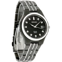 Seiko Solar Mens Diamond Stainless Steel Black Tuxedo Dress Watch SNE153