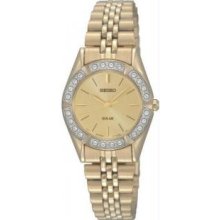 Seiko SUP096 Womens Gold Tone Stainless Steel Solar Quartz Gold Dial Swarovski Crystals