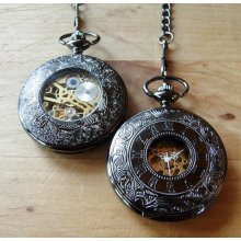 Set of 2 Traditional Wedding Mechanical Pocket Watches Gunmetal Black Groomsmen Gift Idea