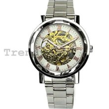 Shiny Silver Stainless Steel Rose Gold Roman Numerals Dial Mens Wrist Watch