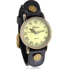 Shshd Retro Round Dial Analog Watch with PU Leather Strap (Black)